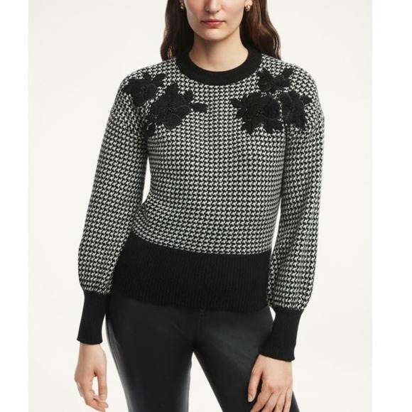Merino Wool Embroidered Houndstooth Sweater Size L - Picture 1 of 10